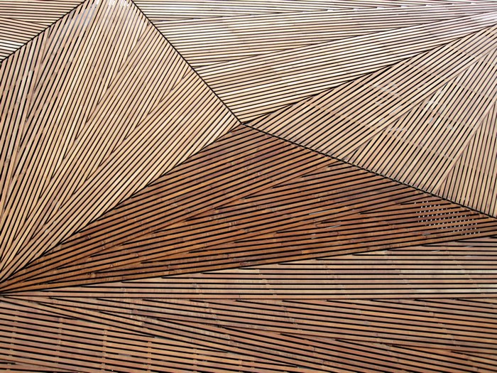 Geometric wood pattern on building exterior