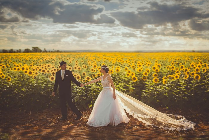 Bride and groom in a sunflower field