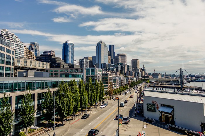 Seattle skyline with waterfront and Ferris wheel
