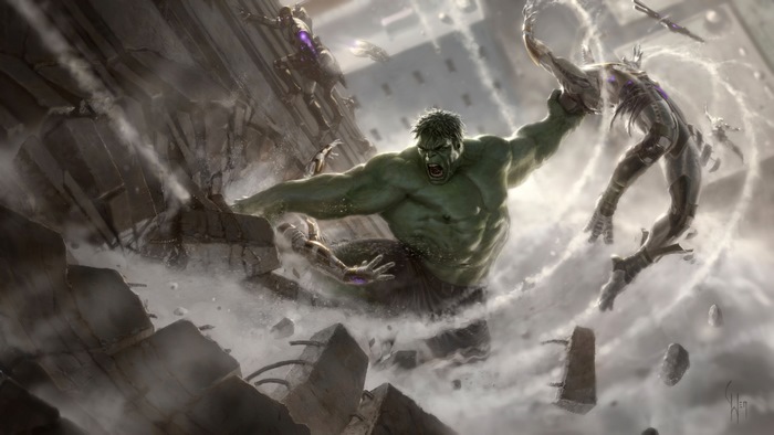Hulk fighting Ultron robots in a destroyed city