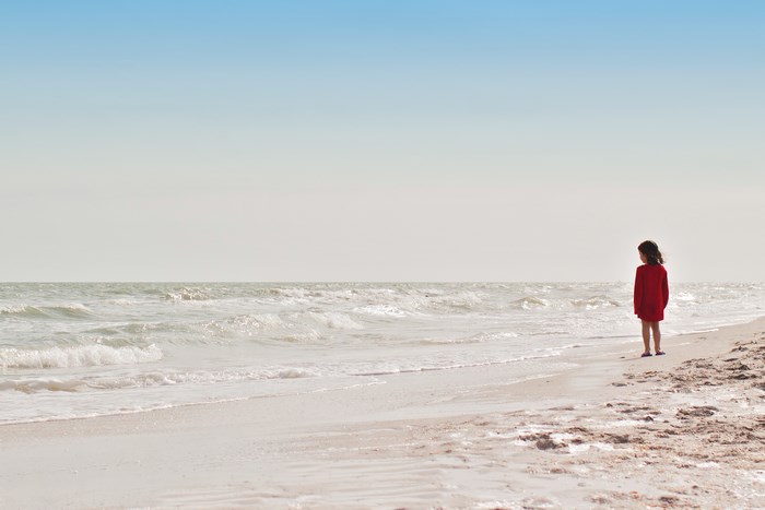 A girl in a red dress on a beach