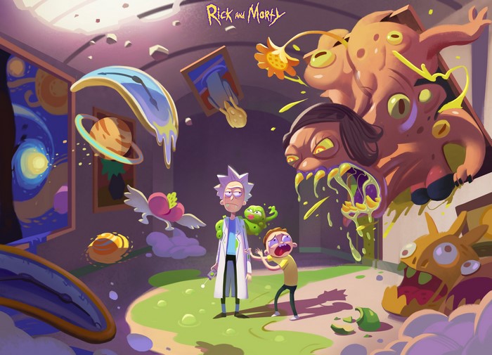 Rick and Morty artwork with monsters