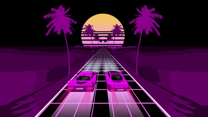 Two cars driving on a grid road towards a sunset