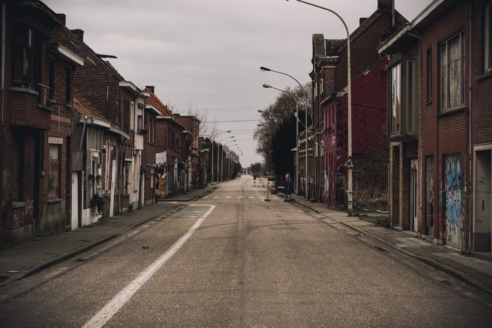 Derelict street in Belgium with graffiti