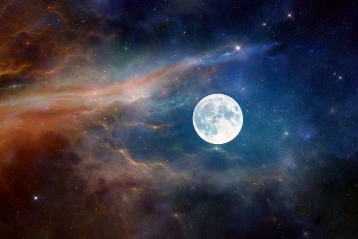 Full moon in a colorful nebula with stars