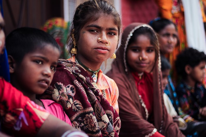 Children in Jammu, India wearing traditional clothing and jewelry