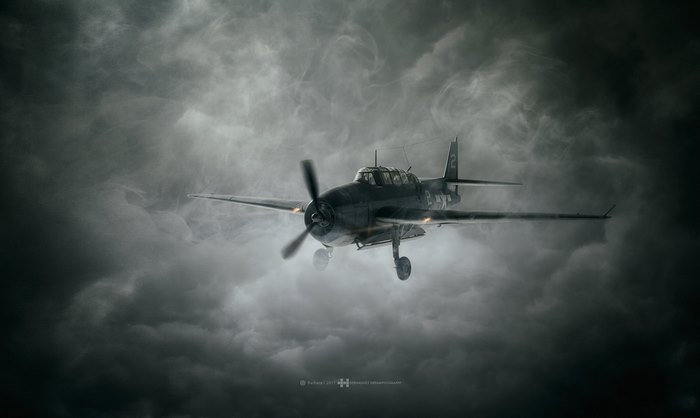 Dark aircraft flying through stormy clouds
