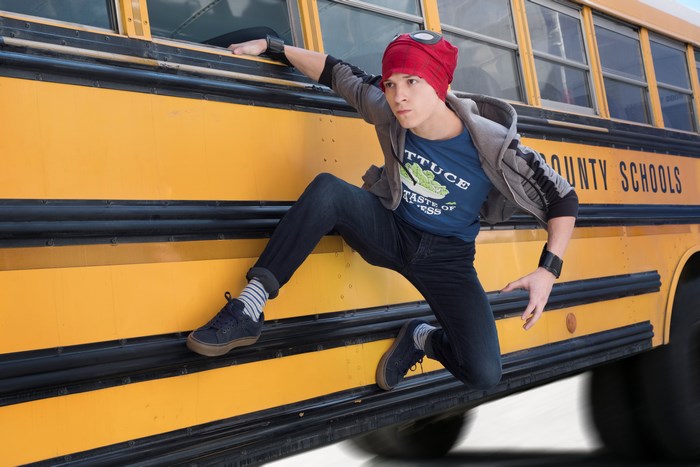 Spider-Man from Avengers Infinity War on a school bus