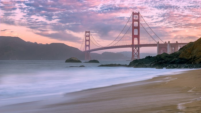 Golden Gate Bridge at Twilight with Beach and Ocean