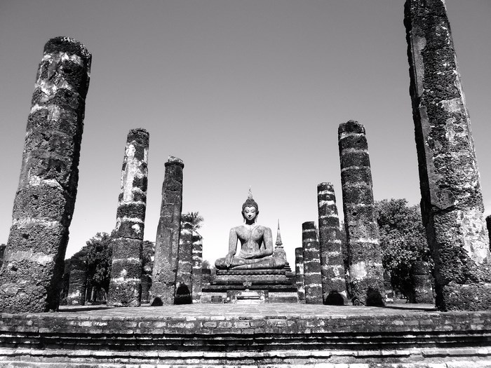 Buddha statue among ancient pillars in black and white