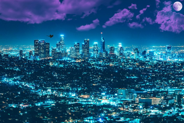 Los Angeles Cityscape with Fantasy Dragon and Moon 4K