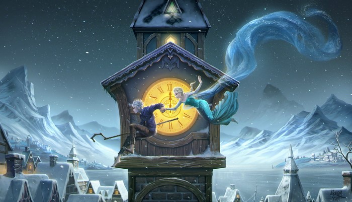 Jack Frost and Elsa from Frozen on a Clock Tower