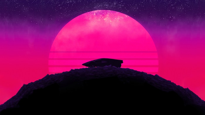 Retro car on a hill with neon sunset