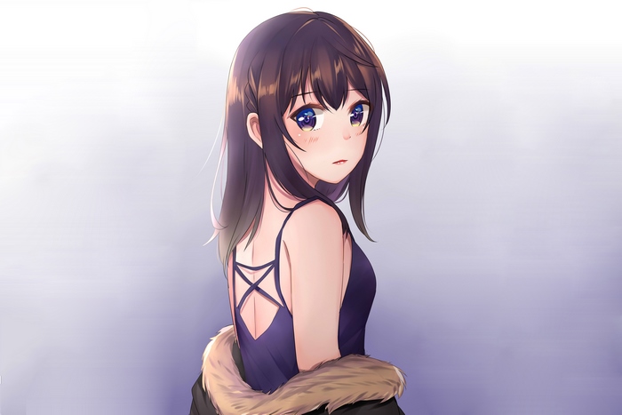 Anime girl in a dark dress with fur collar