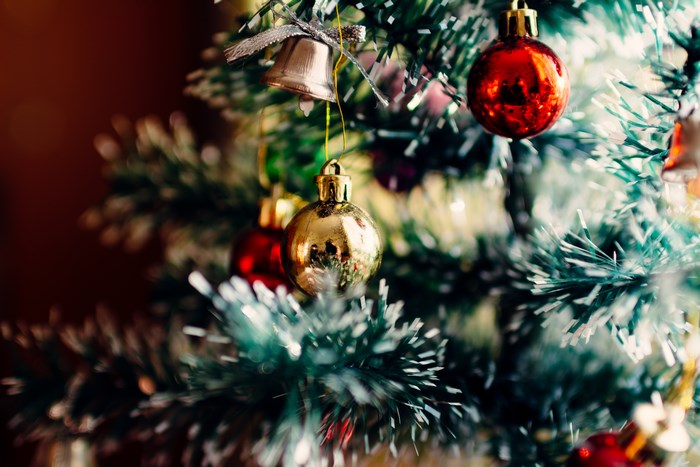 Close-up of a decorated Christmas tree with ornaments