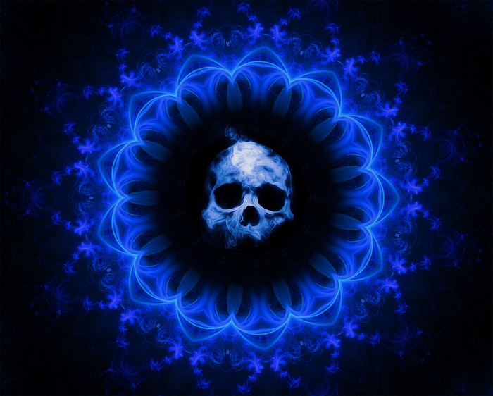 Skull within a blue fractal mandala