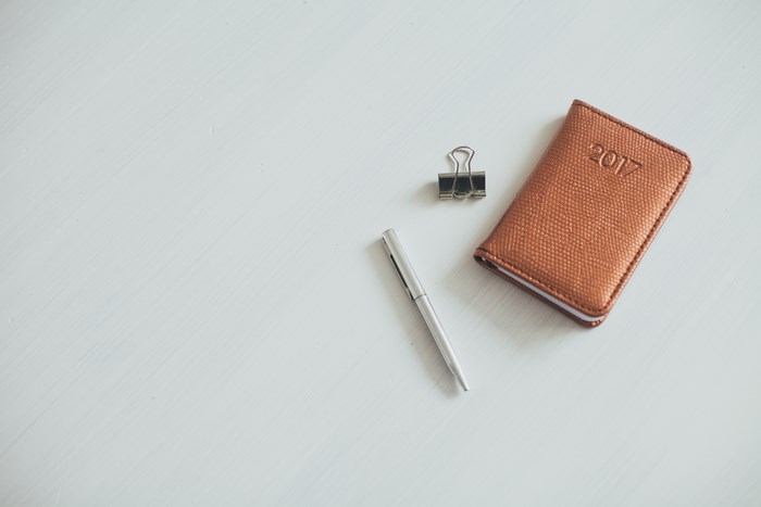 Copper 2017 diary with pen and bulldog clip
