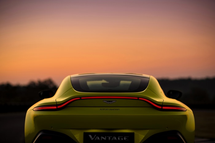 Aston Martin Vantage rear view at sunset