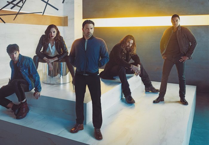 Justice League members Ben Affleck, Gal Gadot, Ezra Miller, Jason Momoa, and Ray Fisher
