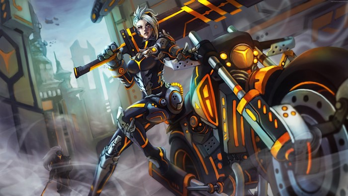 Riven from League of Legends on a motorcycle