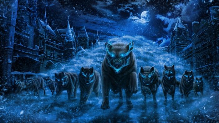 Pack of wolves with glowing blue eyes in a snowy landscape
