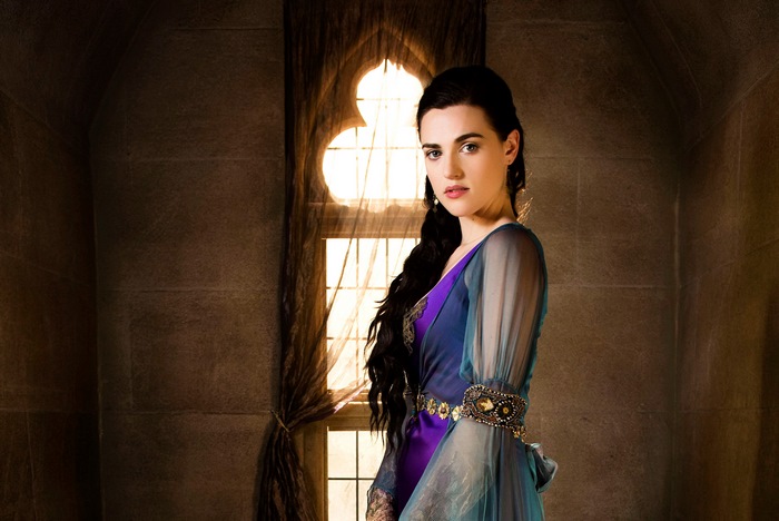 Katie McGrath in Elegant Blue Dress with 4K Clarity