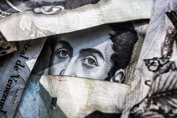 Close-up of Venezuelan currency with a man's face