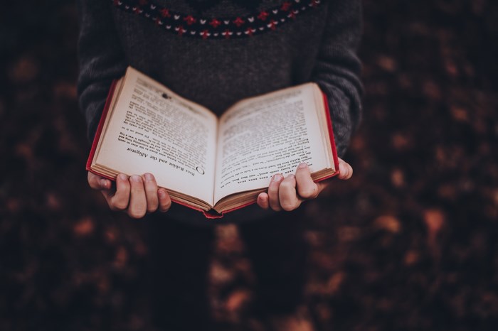 Person holding an open book with red cover