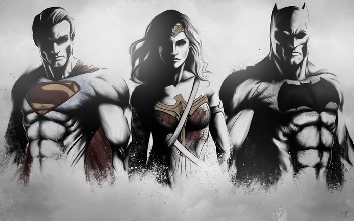 Superman, Wonder Woman, and Batman artwork