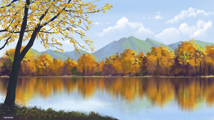 Autumn lake with trees and mountains