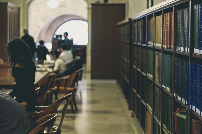 People studying in a vintage library with bookshelves