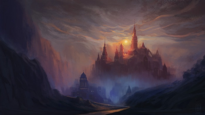 Mysterious Castle in a Misty Twilight