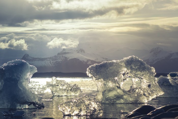 Icebergs floating in the ocean with mountains in the background