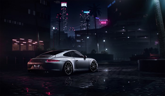 Porsche 911 on a wet city street at night