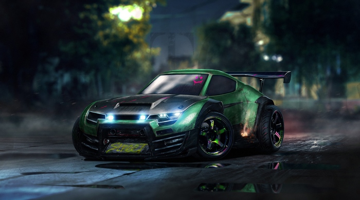 Green Rocket League car with custom modifications