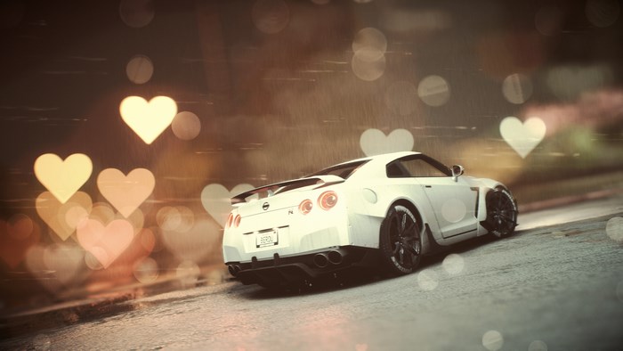 White Nissan GT-R with heart bokeh