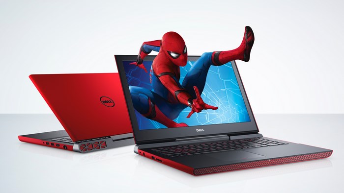 Dell laptop with Spiderman emerging from screen