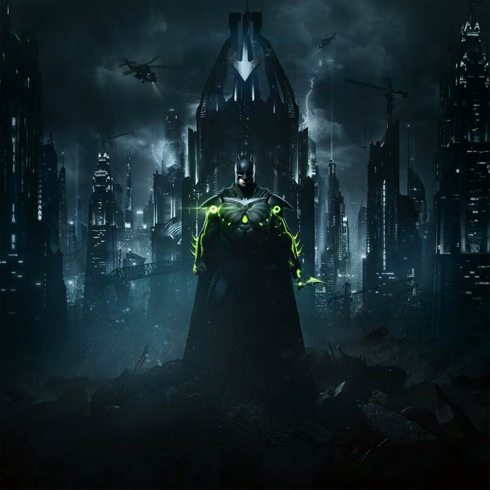 Batman from Injustice 2 in a dark city