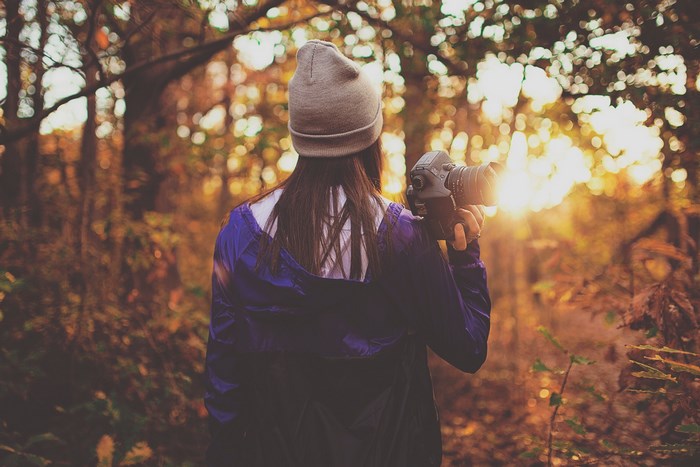 Woman with camera in autumn forest at sunset