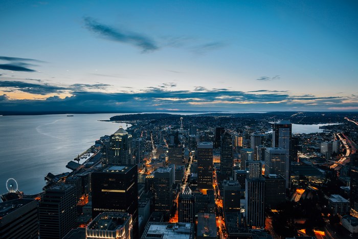 Seattle skyline at dusk with Space Needle and Puget Sound