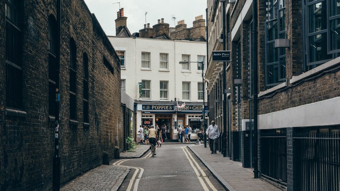 Poppie's Fish & Chip shop on a London street
