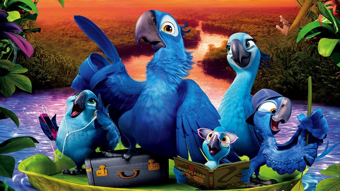 Blu and Jewel from Rio with their family