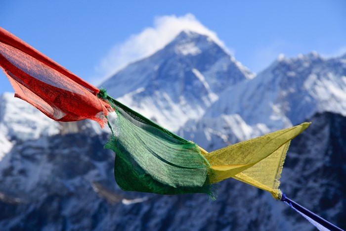 Prayer flags in front of Mount Everest, Nepal