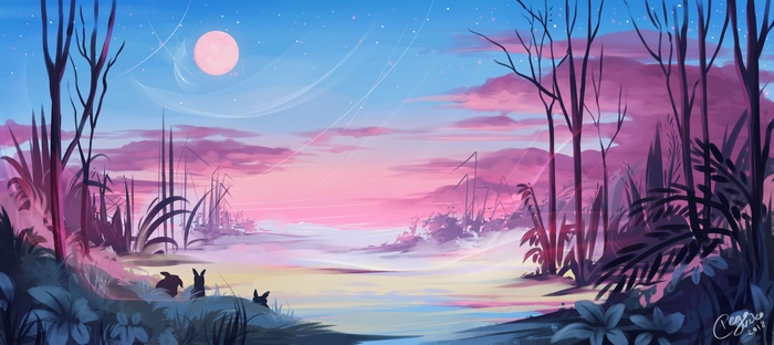 Digital art of bunnies in a surreal landscape at sunset