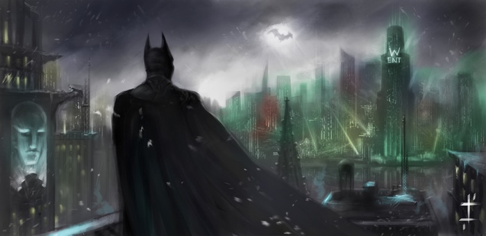 Batman overlooking a dark, rainy cityscape