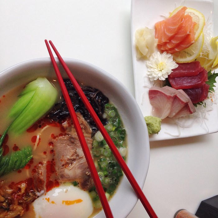 Ramen and Sashimi Plate with Chopsticks