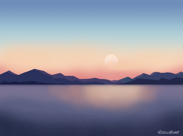 Digital art landscape illustration of mountains and lake at sunset