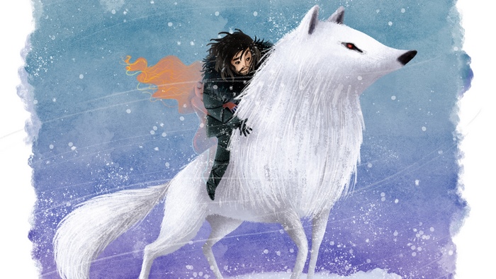 Jon Snow riding a white wolf in the snow