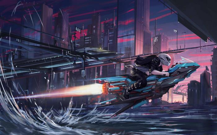 Sci-fi motorcycle rider in futuristic city