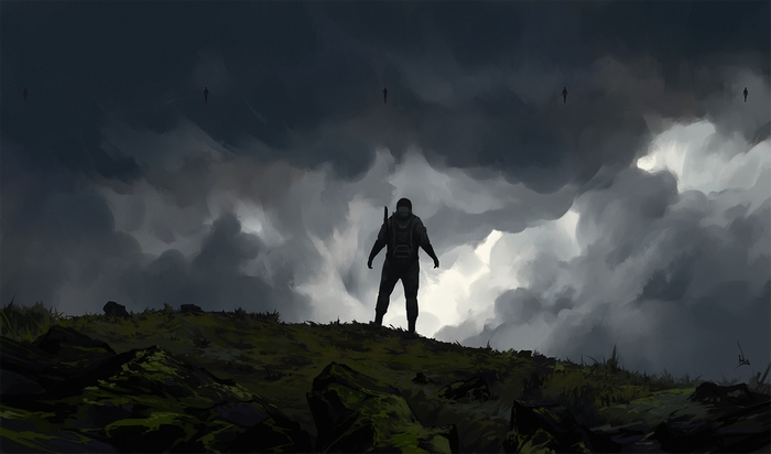 Man standing on a hill with stormy clouds and figures in the sky